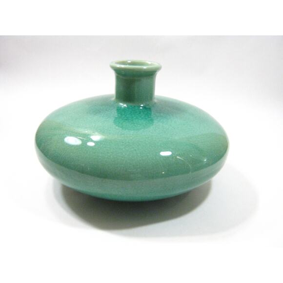 Contemporary Globe Sea Green Glazed Glass Vessel Vase Container Crackle Finish - Picture 6 of 6
